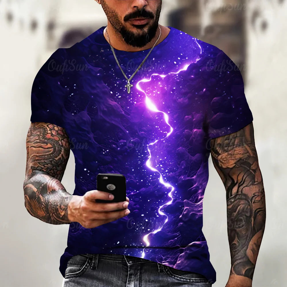 Men’s 3D Lightning Print T-Shirt – Casual Oversized Short Sleeve