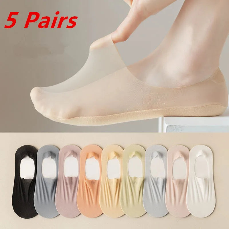 5 Pairs Ultra-Thin Short Socks Invisible, Anti-Slip, Ice Silk