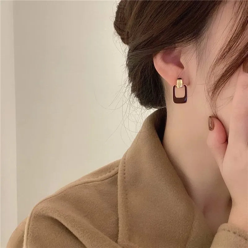 Vintage Brown Hollow Square Drop Earrings