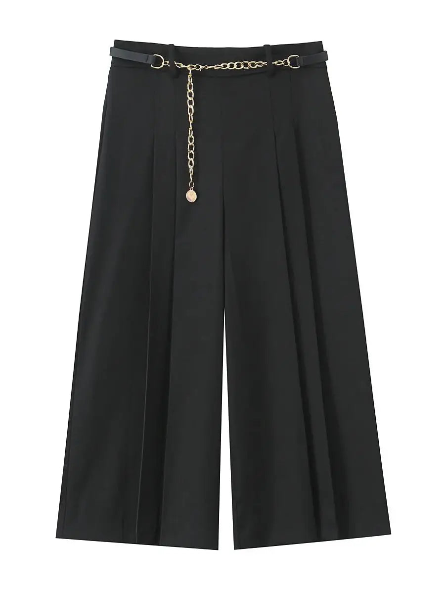 Vintage High-Waist Straight Trousers with Belt | Knee-Length Wide Leg Pants
