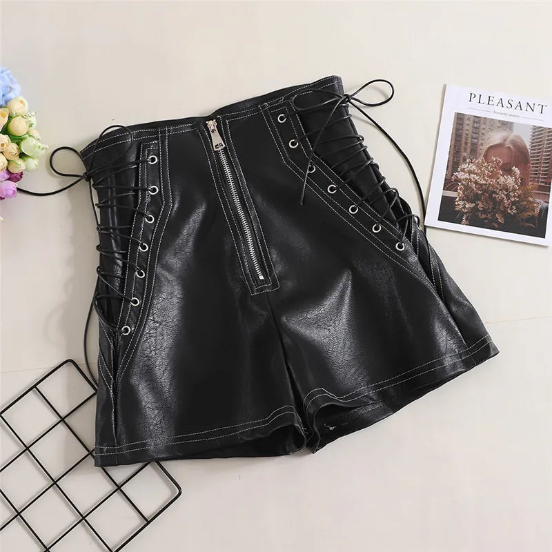 Women’s High-Waist PU Leather Shorts | Casual Wide-Leg Bow Detail