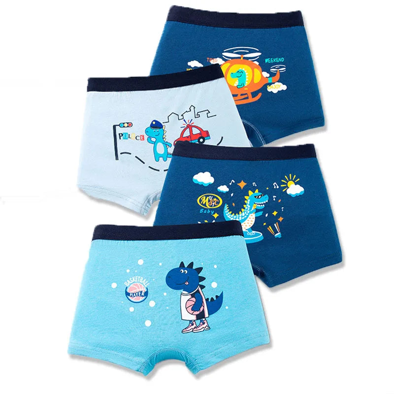 4 Pcs Kids’ Boxer Shorts Set | Cartoon Dinosaur Cotton Underwear