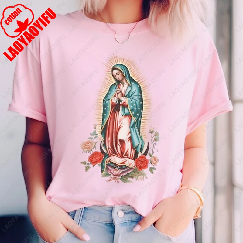 Virgen De Guadalupe Mary Tshirt Catholic Gift Mexican Religious Women Men Camisetas Christian Trend Tees Comfortable Cotton Tops