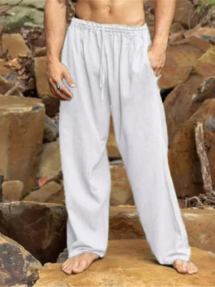 Men’s Loose-Fit Green Linen Drawstring Pants