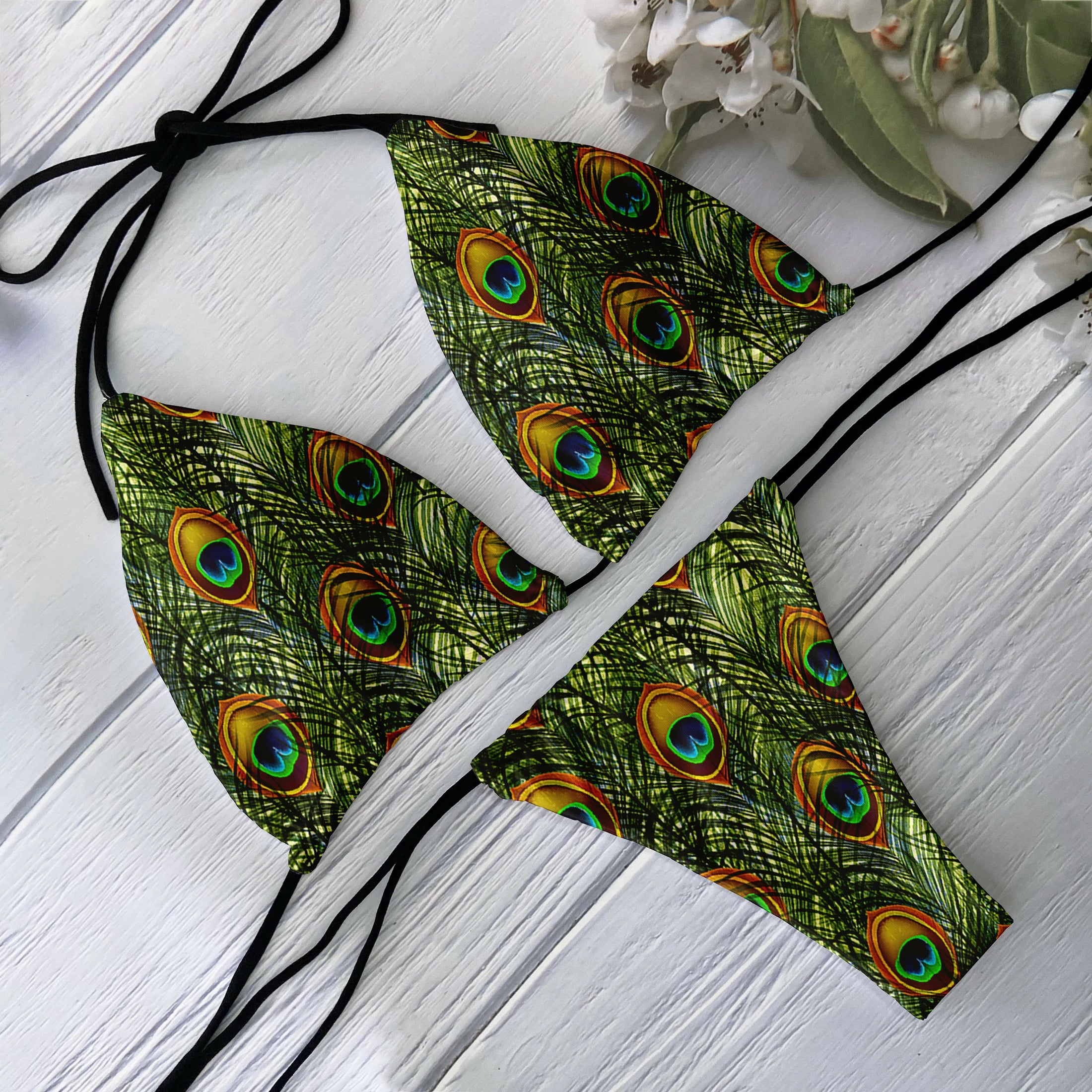 Fashion Ladies 3D Peacock Feather Print Deep V Lace-Up Bikini Set