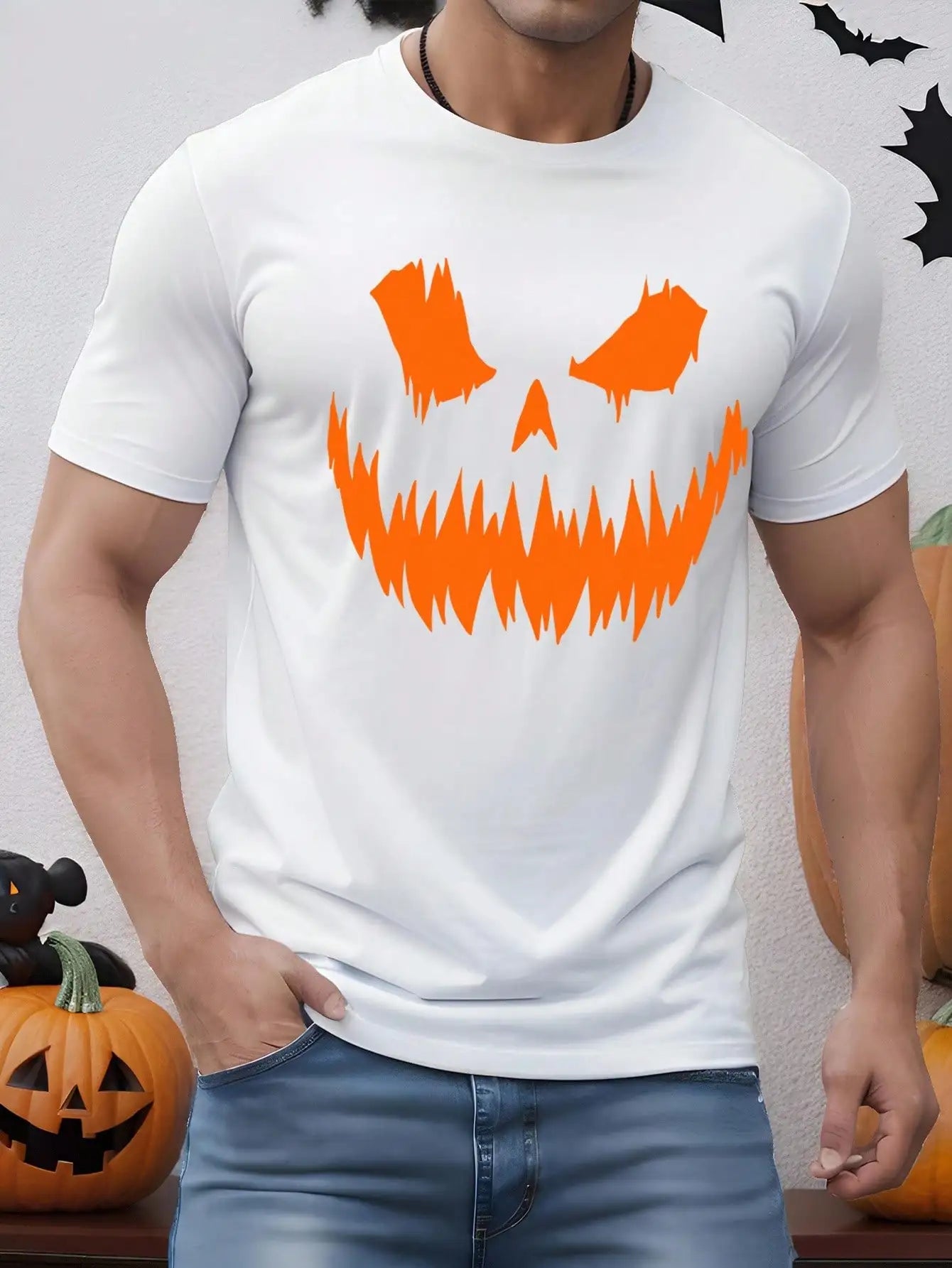 2025 Halloween Pumpkin Face Silhouette Print Casual Men&
