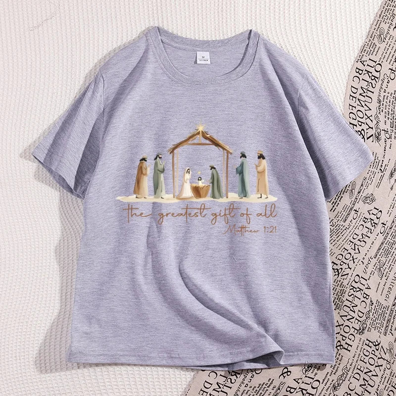 The Greatest Gift of All Tshirt Nativity Religious Christmas T Shirt Jesus Love T-Shirt Casual Cotton Round Neck Graphic Tees
