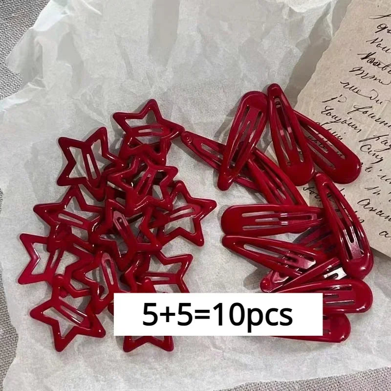 10-Piece Red Star & Waterdrop Hair Clip Set for Women & Girls
