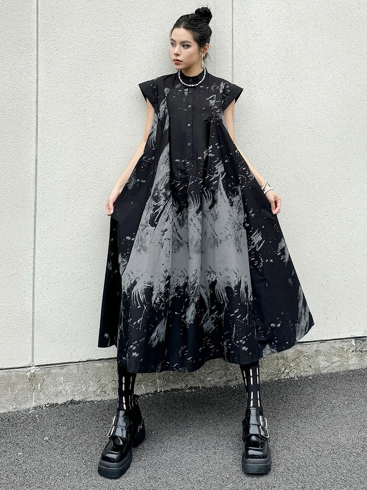 Women’s Black Pattern Printed Midi Shirt Dress