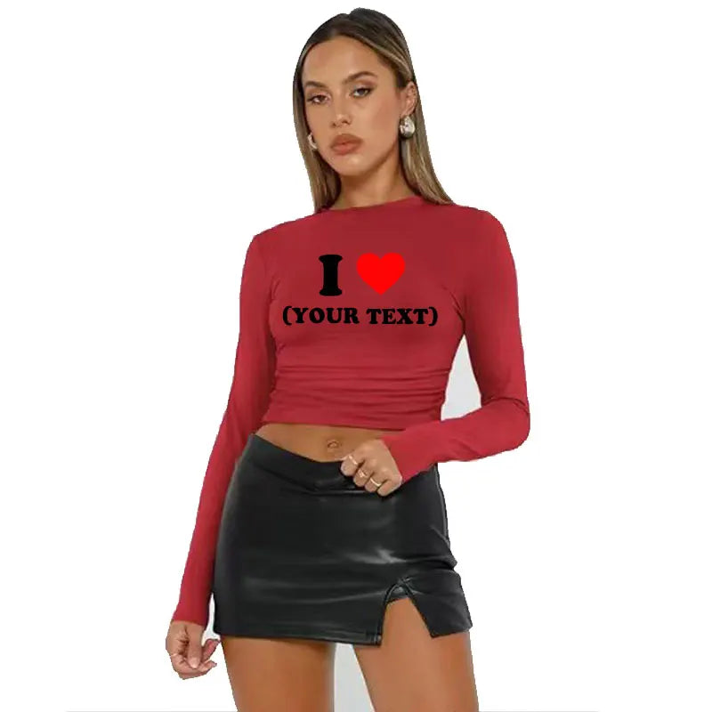 DIY Customize Your Text Couple Spring Autumn Women’s Long Sleeve Crop T-Shirt
