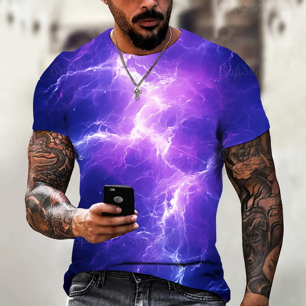 Men’s 3D Lightning Print T-Shirt – Casual Oversized Short Sleeve