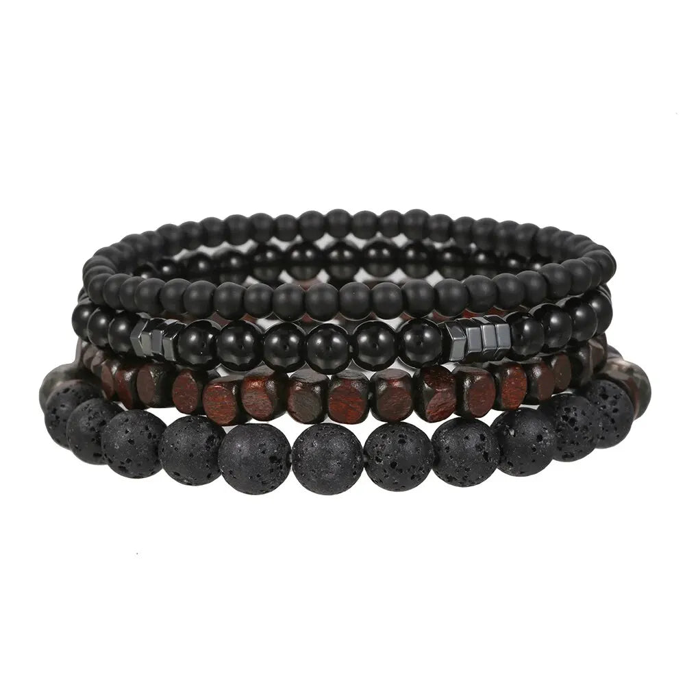 Black Volcanic Stone & Wood Beads Bracelets