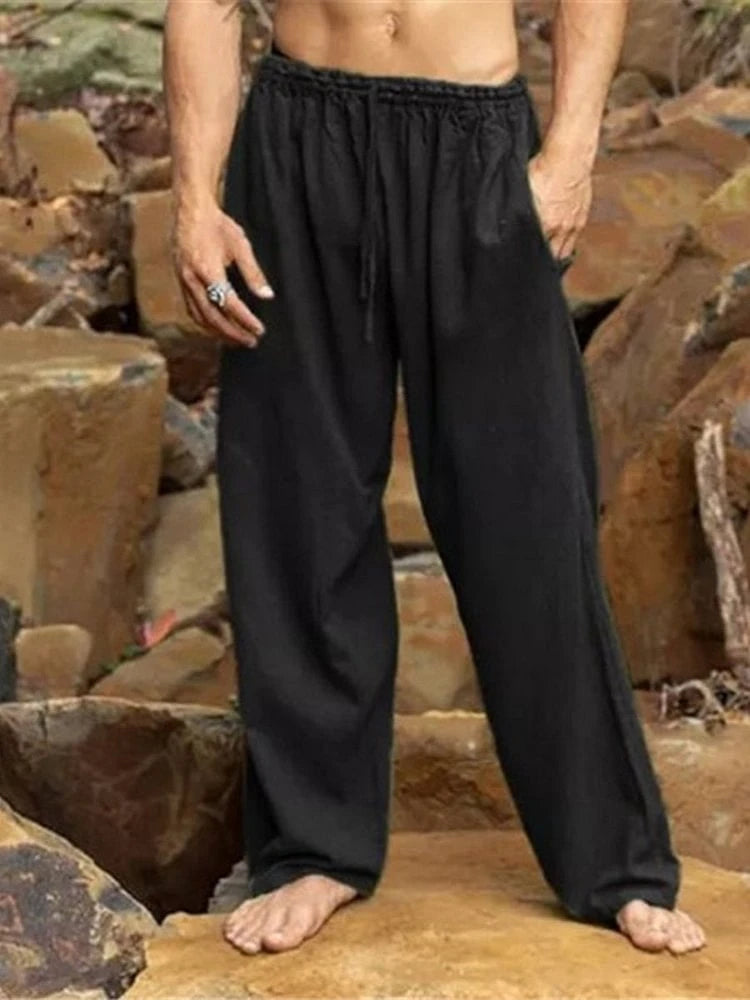 Men’s Loose-Fit Green Linen Drawstring Pants