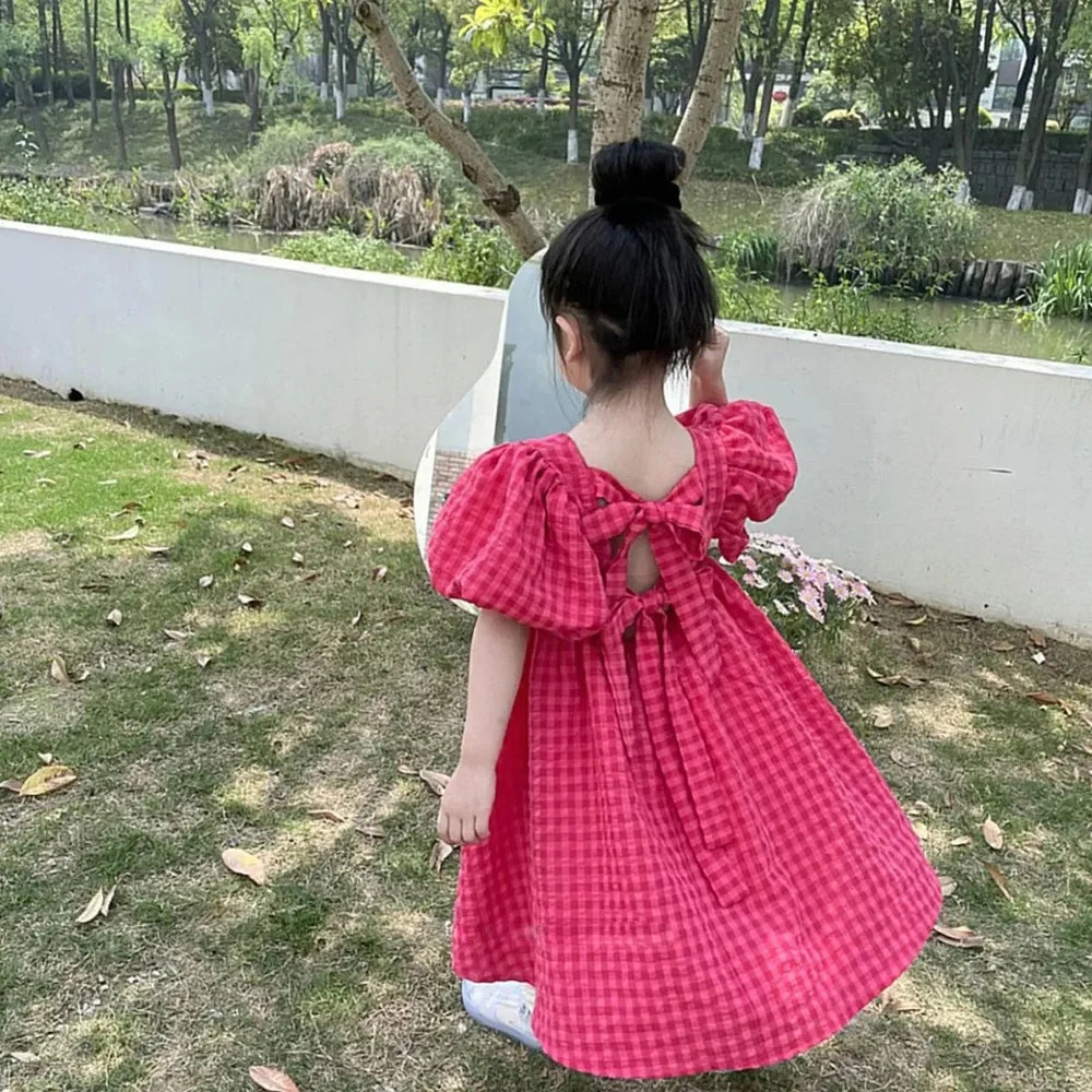 Bear Leader Rose Pink Plaid Bow Dress