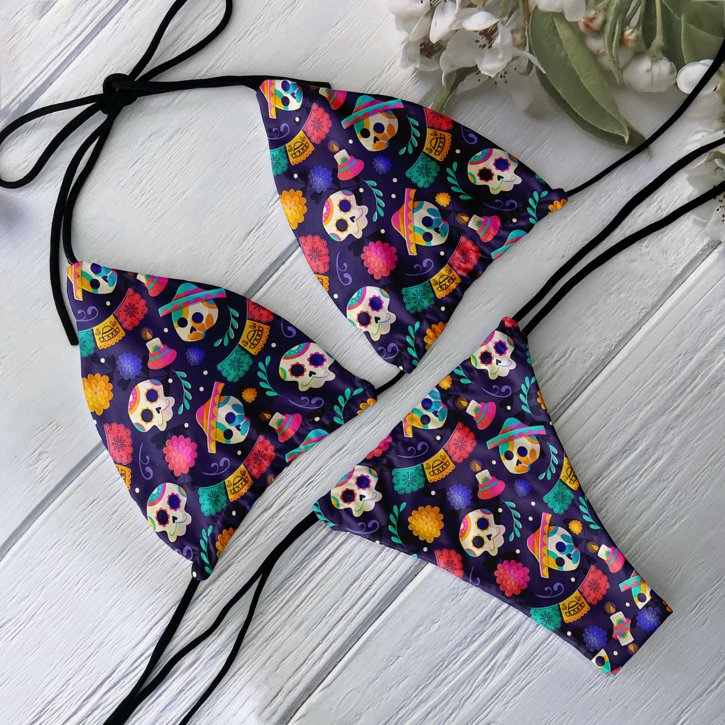 Skull Print Backless Bikini Set
