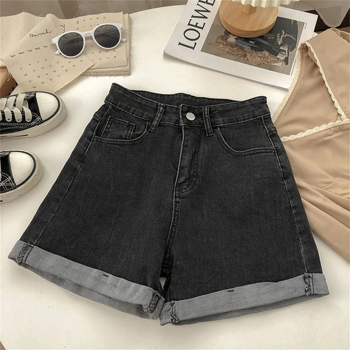 High Waist Wide Leg Short Jeans Women&