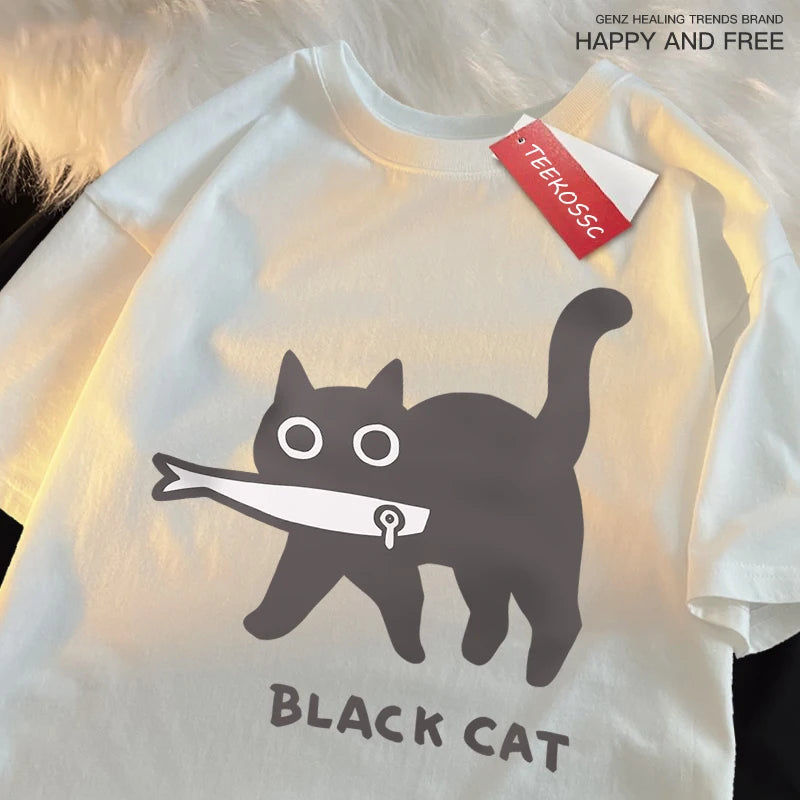 Japanese Style Cat Print Cotton T-Shirt