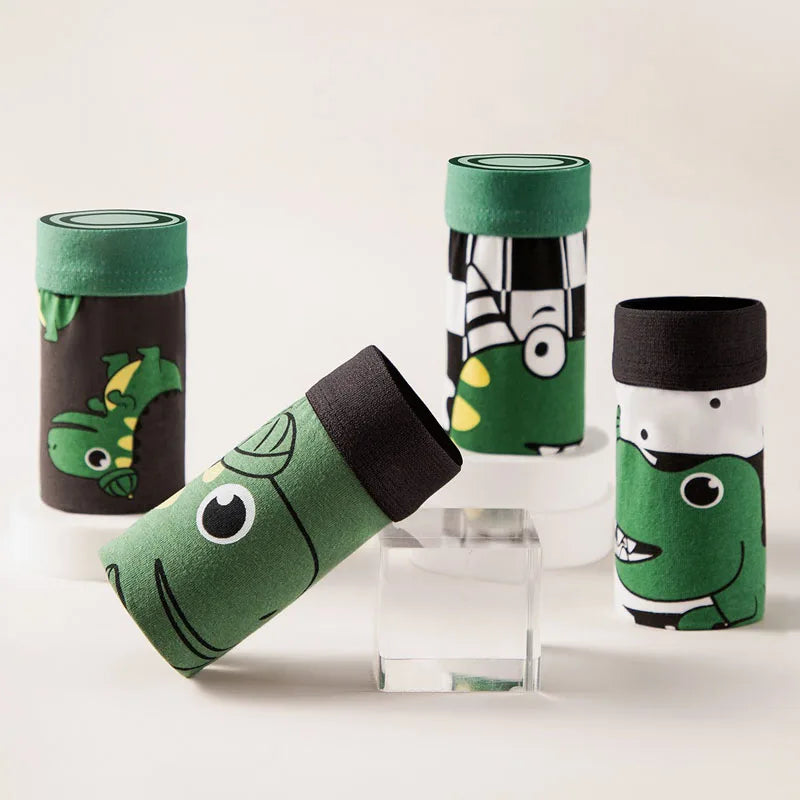 4 Pcs Kids’ Boxer Shorts Set | Cartoon Dinosaur Cotton Underwear