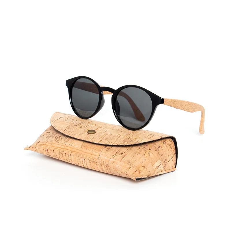 Round Bamboo Grain Polarized Sunglasses with Case – Unisex Wooden Style Shades
