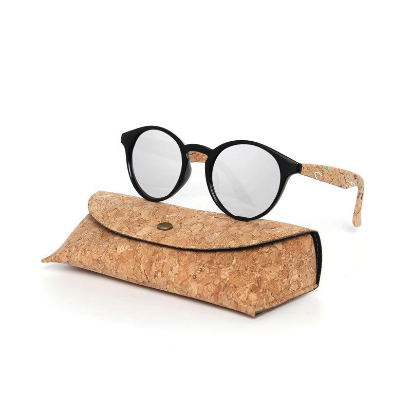 Round Bamboo Grain Polarized Sunglasses with Case – Unisex Wooden Style Shades