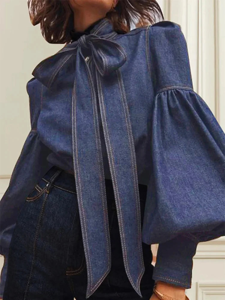 Gymystars New Trendy Imitation Denim Blouse Tops for Women Long Puff Sleeves Bow-Embellished High Neck Women&