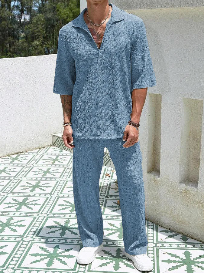 Men’s Summer 2-Piece Set – V-Neck Shirt & Long Pants