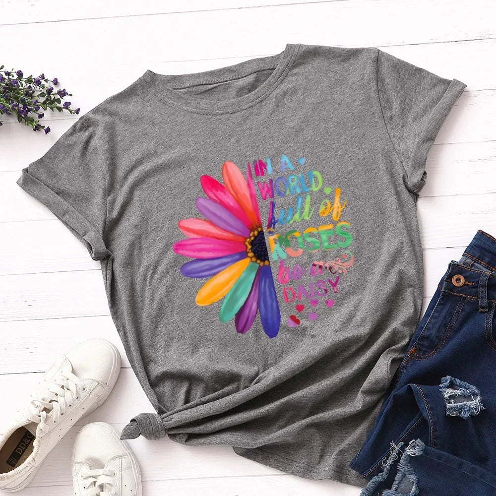Women’s Daisy & Sunflower Print T-Shirt | Loose Short Sleeve Oversized Tee