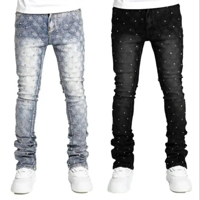 Men’s Pearl-Embellished Straight Leg Denim Jeans | Trendy European & American Style