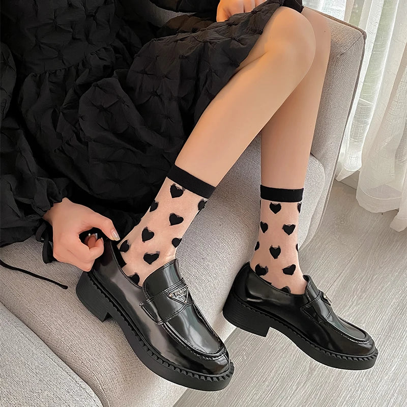 Black Crystal Silk Polka Dot Lace Socks