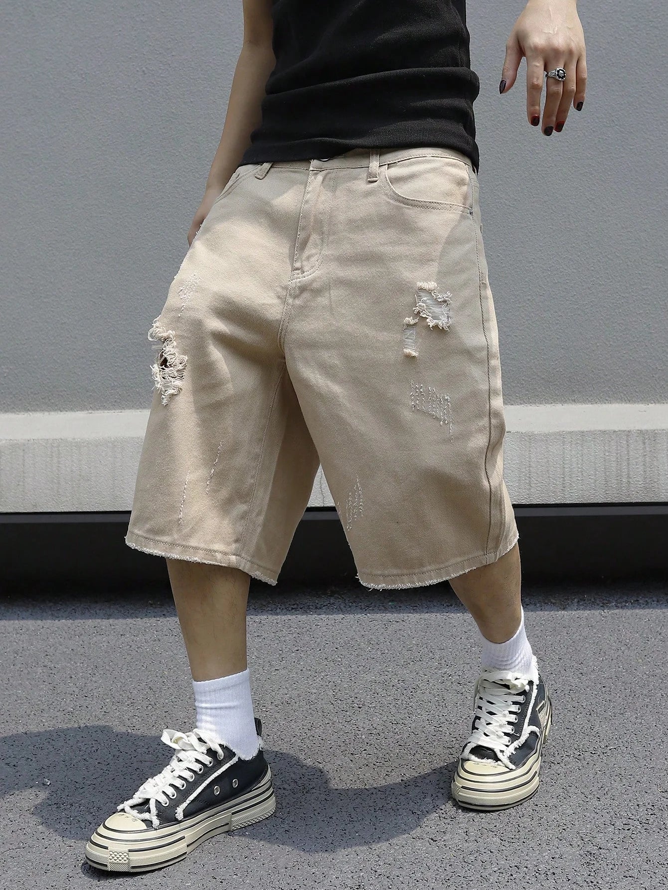 Men’s Baggy Ripped Denim Shorts | Stretchy Knee-Length Streetwear Jeans