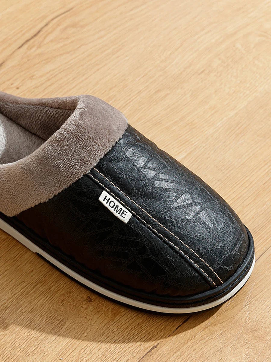 Men’s Winter PU Leather Slippers | Warm & Waterproof Indoor Shoes