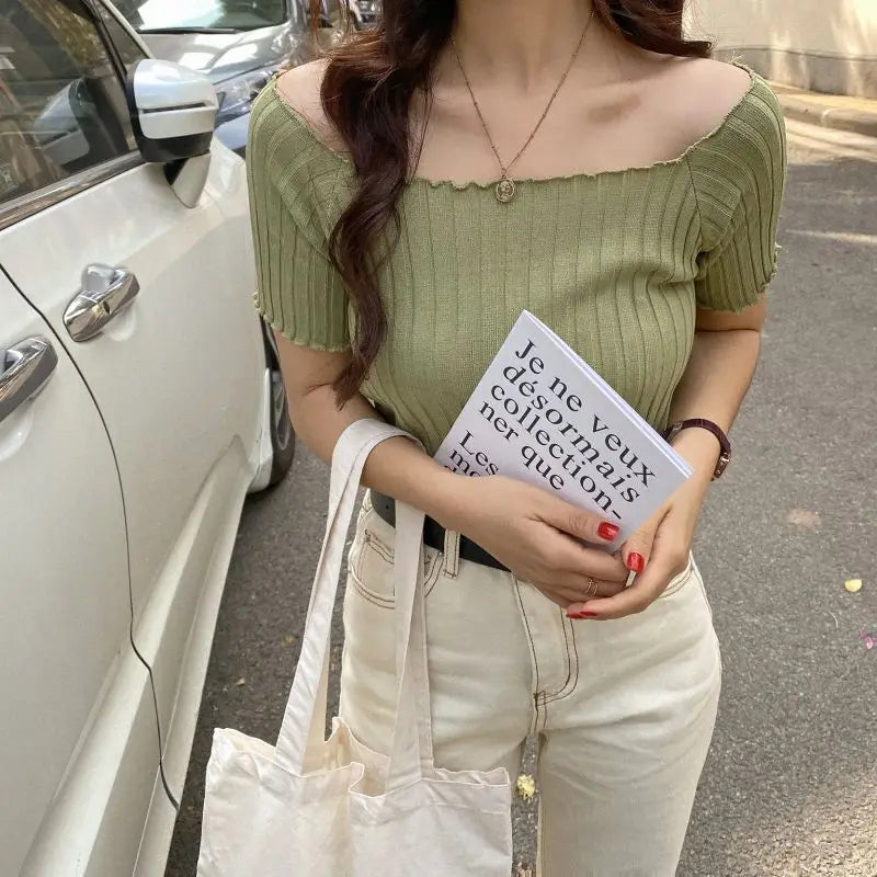 Women’s Off-Shoulder Knitted Slim Fit Knitted Short Sleeve Y2K Tee