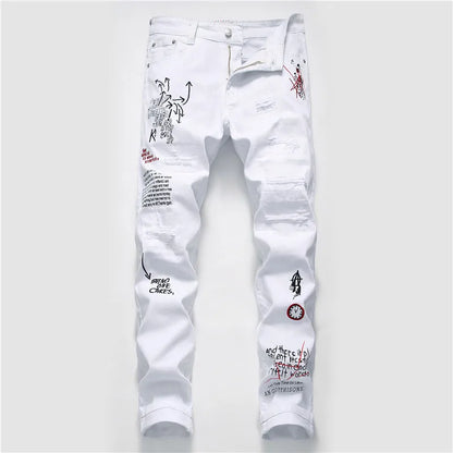 Men’s Ripped Printed Skinny Jeans | Hip Hop Streetwear Denim Pants