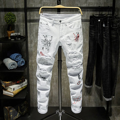 Men’s Ripped Printed Skinny Jeans | Hip Hop Streetwear Denim Pants