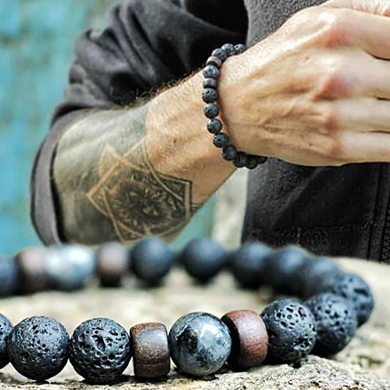 Volcanic Lava Stone &amp; Wooden Bead Bracelet