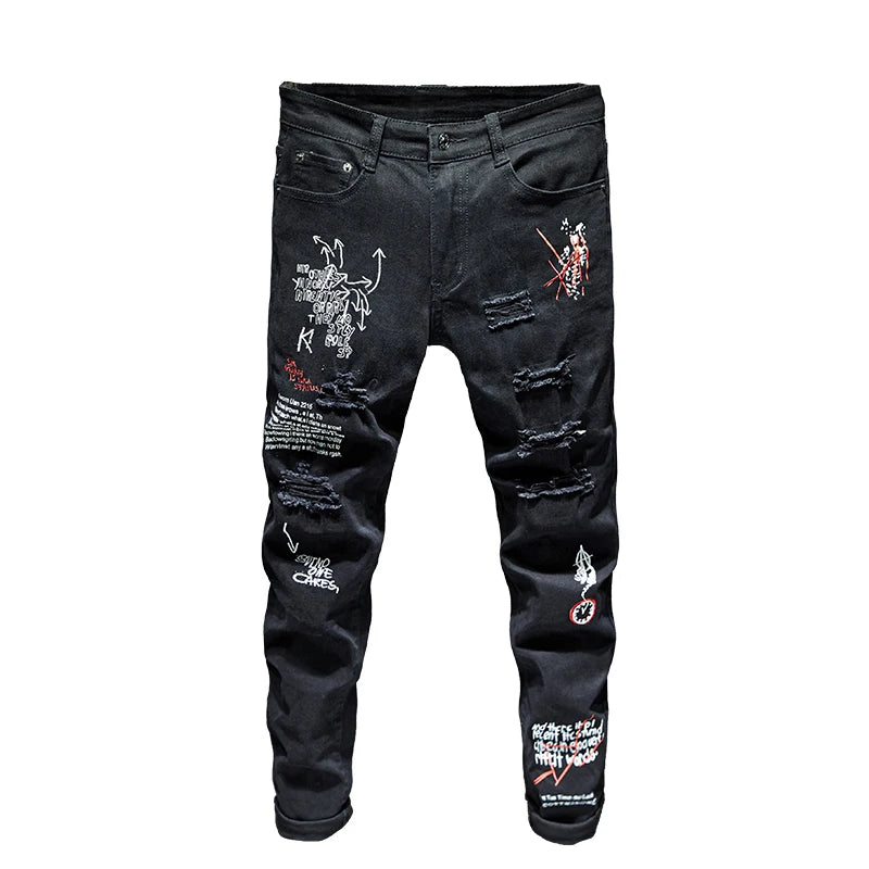 Men’s Ripped Printed Skinny Jeans | Hip Hop Streetwear Denim Pants
