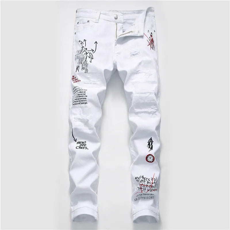 Men’s Ripped Printed Skinny Jeans | Hip Hop Streetwear Denim Pants