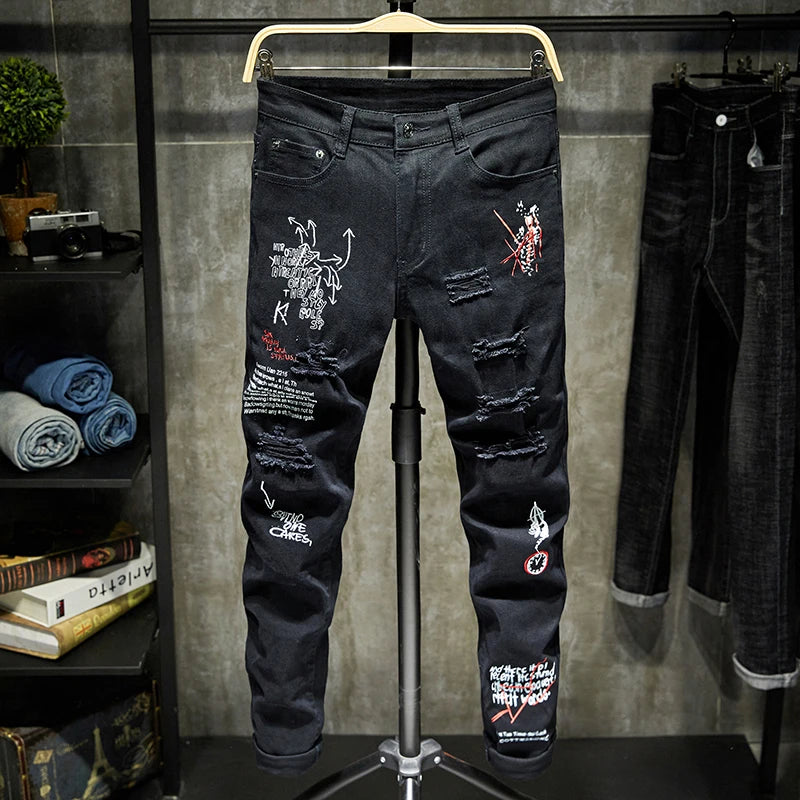 Men’s Ripped Printed Skinny Jeans | Hip Hop Streetwear Denim Pants