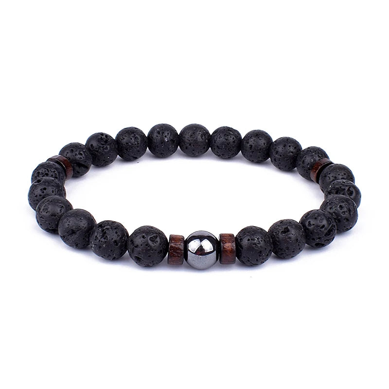 Volcanic Lava Stone &amp; Wooden Bead Bracelet