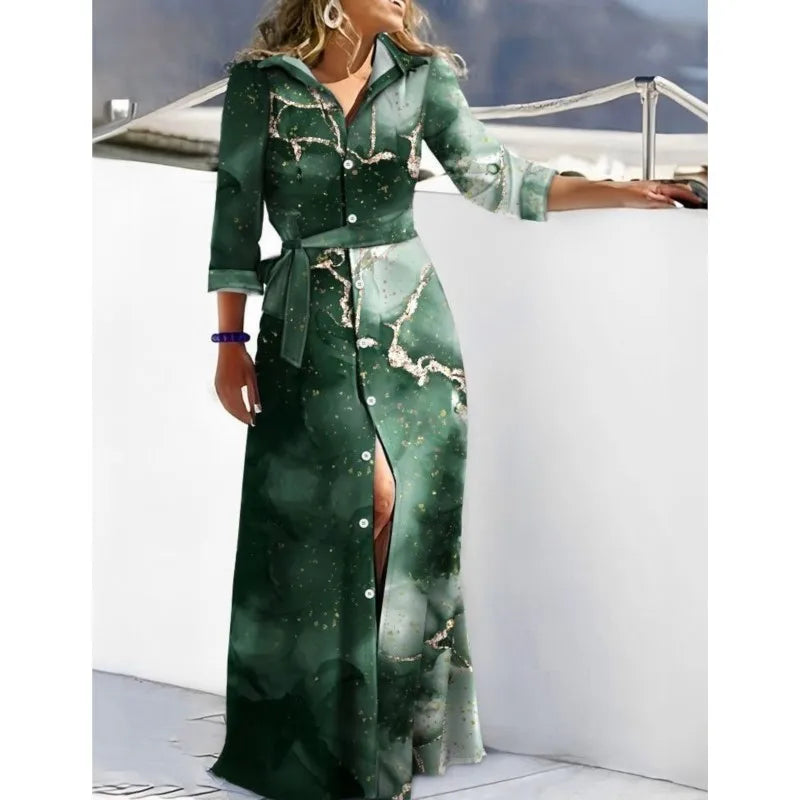 Print Lace-Up Maxi Dress – Long Sleeve, Turn-Down Collar