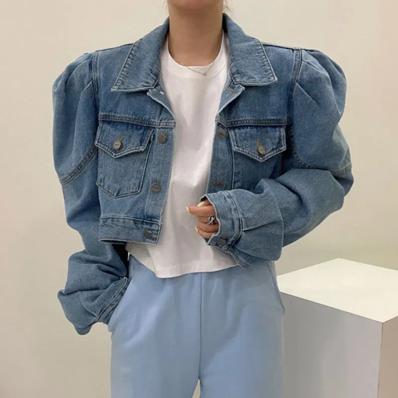 Matakawa Short Jackets Women Solid Autumn Puff Sleeve Vintage Korean Fashion  Denim Chaquetas Simple Elegant Veste Femme