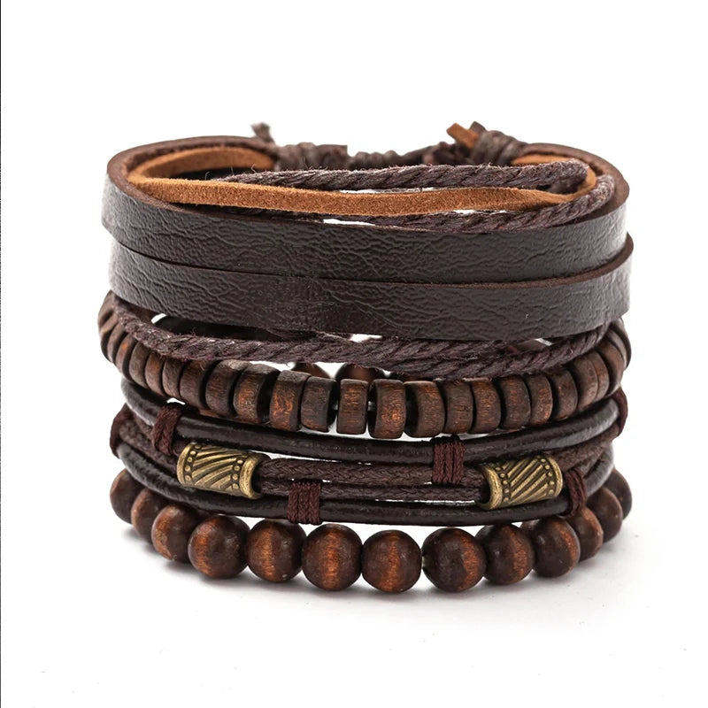 Vintage Multi-Layer Wooden Bead &amp; Leather Bracelet Set