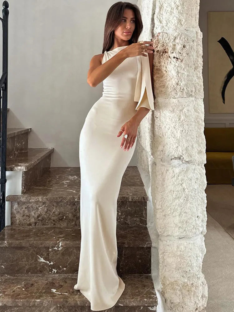 Mozision Diagonal Collar Off-Shoulder Maxi Dress