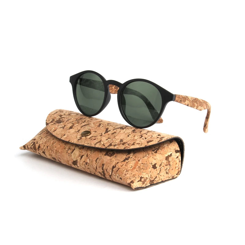 Round Bamboo Grain Polarized Sunglasses with Case – Unisex Wooden Style Shades