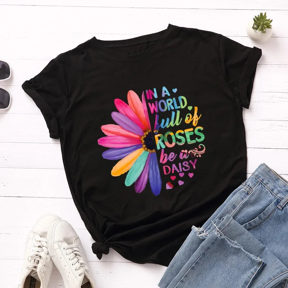 Women’s Daisy &amp; Sunflower Print T-Shirt | Loose Short Sleeve Oversized Tee