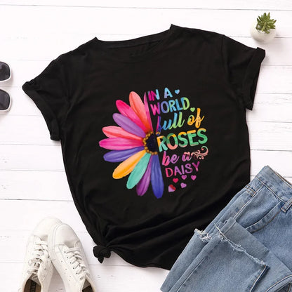 Women’s Daisy &amp; Sunflower Print T-Shirt | Loose Short Sleeve Oversized Tee