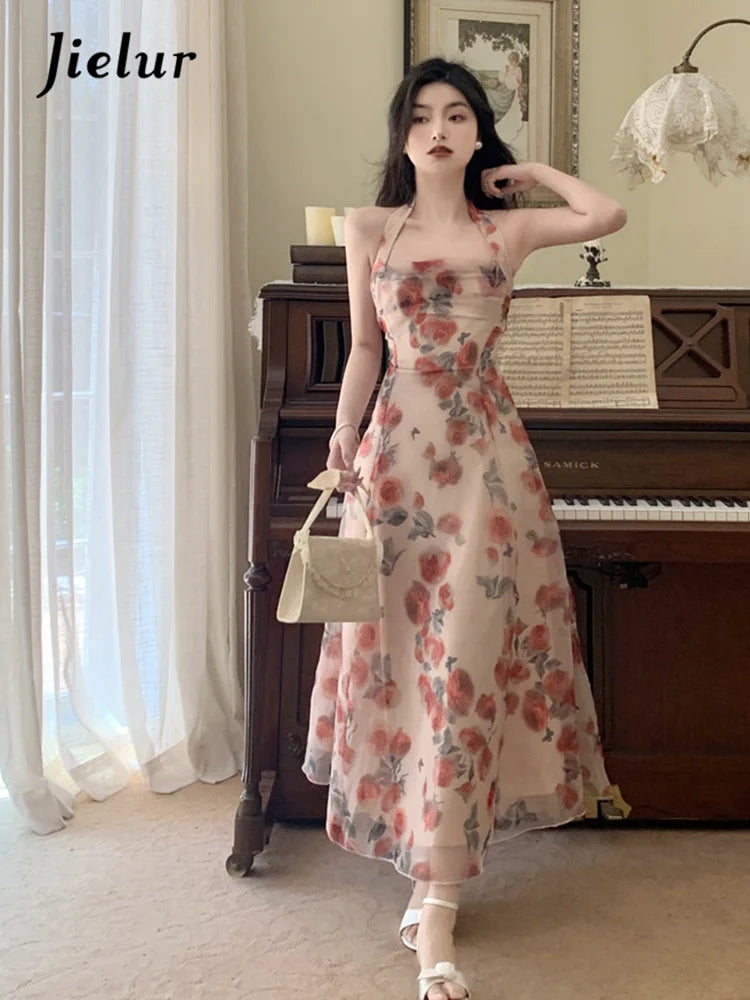 Jielur Floral Chiffon Vintage Halter Backless Dress