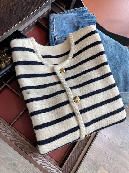 Women’s O-neck Stripe Knitted Cardigan