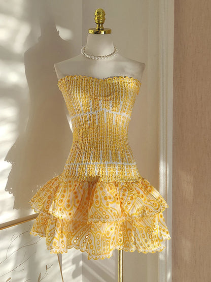 Retro Blue Printed Hollow Out Design Strapless Dress