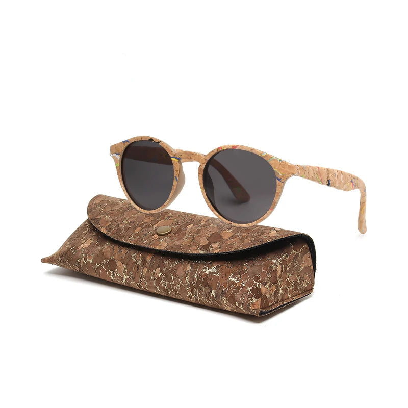 Round Bamboo Grain Polarized Sunglasses with Case – Unisex Wooden Style Shades